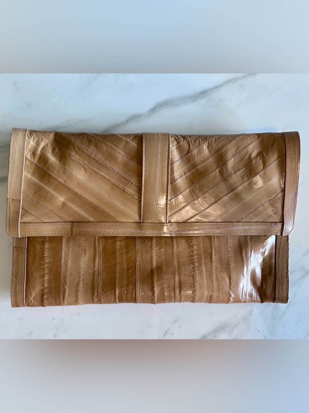 Genuine Eel Skin Camel Foldover Clutch